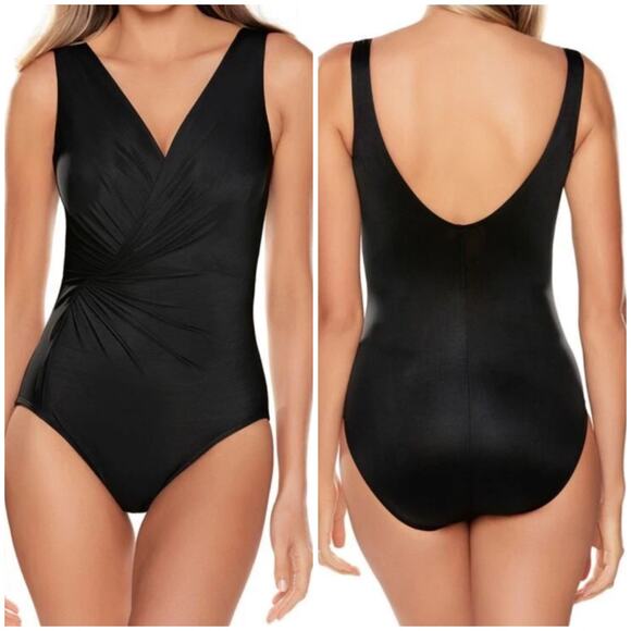 Miraclesuit NWT Twisted Sister Esmerelda One Piece Swimsuit Size 14 Black V-Neck - Picture 1 of 13